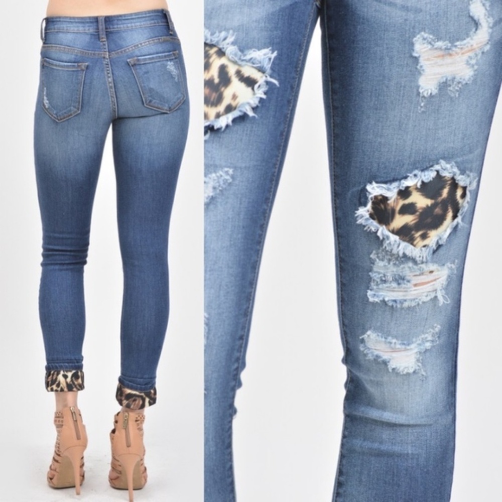 Kancan Mid Rise Leopard Patch Ankle Skinny - Picture 2 of 6